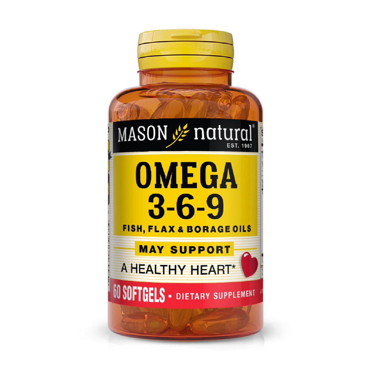 Потрійна омега 3-6-9, олія риби, льону та огірника Mason Natural Omega 3-6-9 Fish, Flax &amp; Borage Oils 1200 мг, 60 гелевих капсул